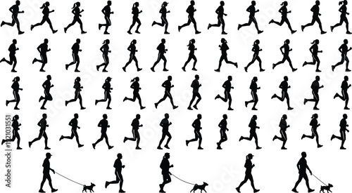 Vector silhouette set of active people running and jogging including men women and dogs on leash isolated on white background for sports design.