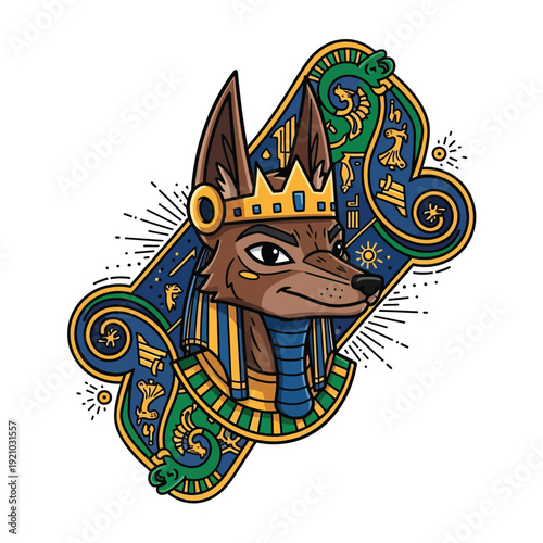 Stylized Anubis Egyptian God Illustration with Crown and Ancient Hieroglyphs. Cartoon Jackal Head Deity with Ornate Mythological Frame.