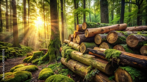 Sunlit Forest Path with Stacked Logs Covered in Moss