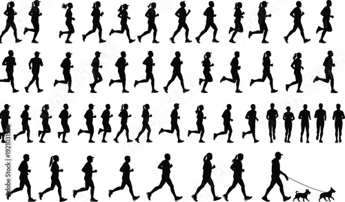 Vector silhouette set of running people, active men and women joggers isolated on white background for marathon race, fitness training, and sports design.
