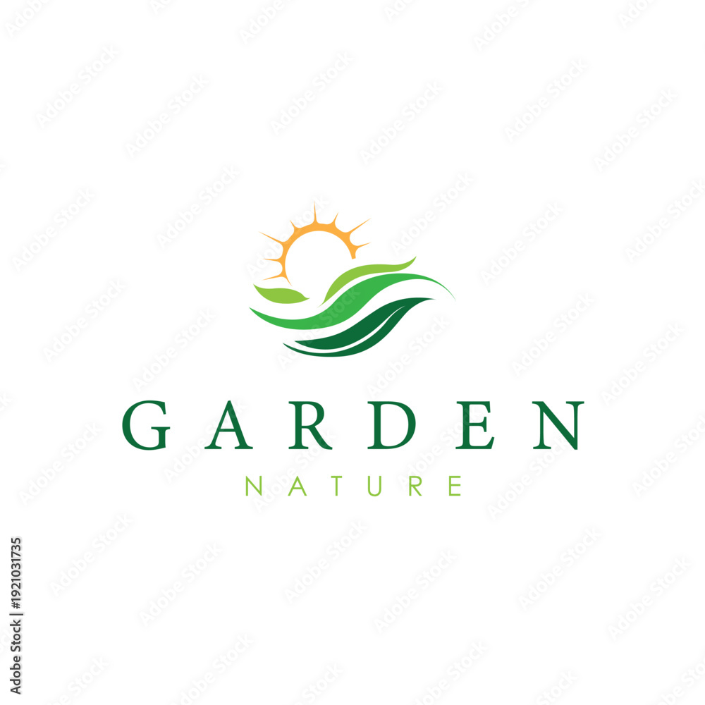 Obraz premium Garden logo with modern minimalist icon, clean and elegant lines, suitable for landscape business, eco branding, and environmentally friendly companies
