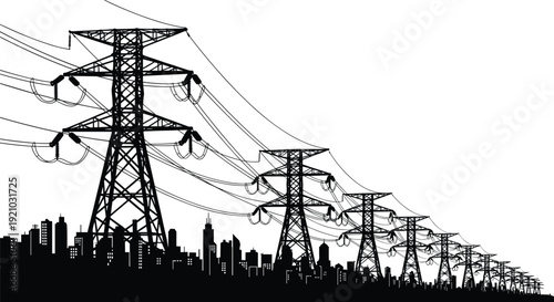 Flat vector illustration of electricity transmission towers and power lines over cityscape, urban energy infrastructure concept, silhouette design artwork