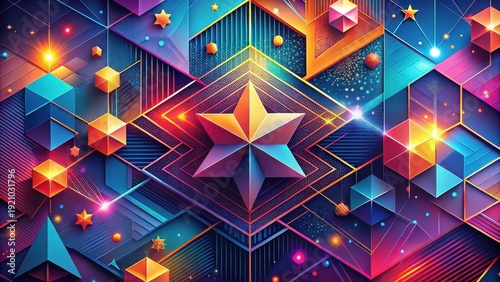 Vibrant Abstract Composition Featuring a Central Star and Geometric Shapes in a Multifaceted Design