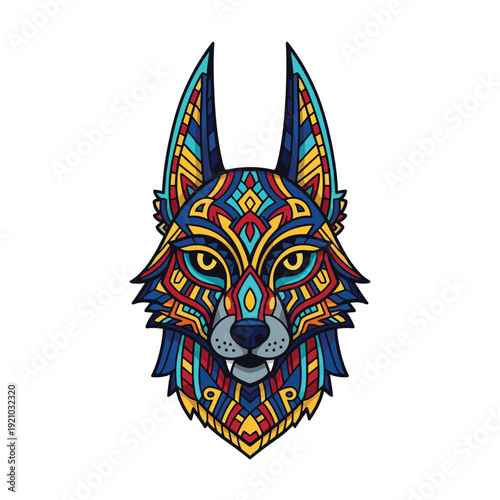 Vibrant Geometric Wolf Head Illustration. Intricate Canine Mandala Design with Tribal Patterns, Mystical Spirit Animal Vector Graphic.