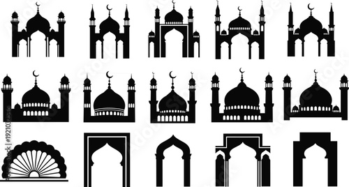 Flat vector illustration of Islamic architecture silhouettes, mosque domes, minarets, crescent moons, arch designs, cultural heritage artwork