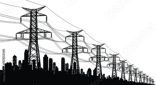 Flat vector illustration of high-voltage transmission towers, power lines, cityscape silhouette, electricity infrastructure, urban energy distribution artwork