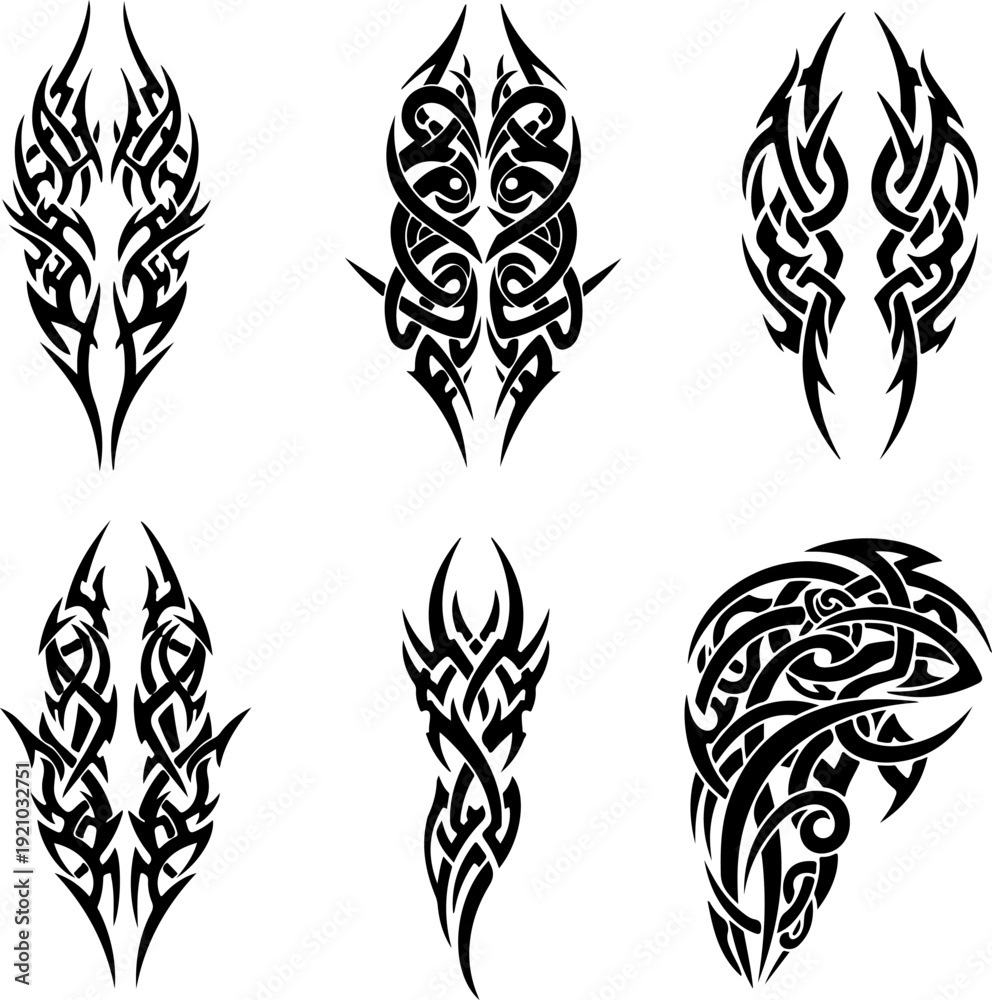 Fototapeta premium Set of tribal tattoo designs, black ornamental celtic knot patterns on white background