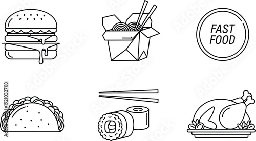 Fast Food Line Icons Set Featuring Burger Noodles Sushi Taco and Roasted Chicken Vector Collection