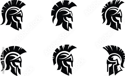 Collection of black Spartan and Gladiator helmet icons in various styles for sports team logos gaming mascots and historical branding