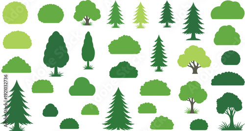Green Trees and Bushes Collection Featuring Pine Oak Shrubs and Forest Nature Elements Vector Illustration Set