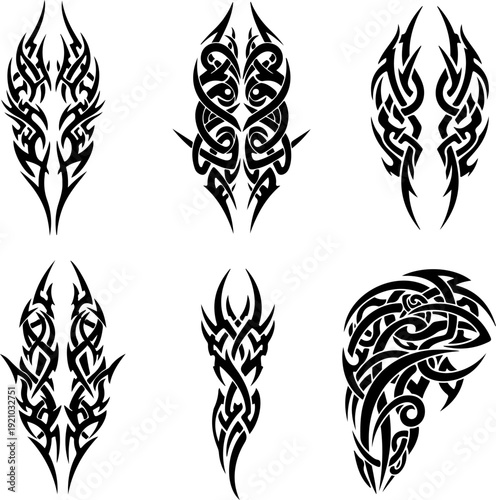 Set of tribal tattoo designs, black ornamental celtic knot patterns on white background