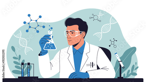 Scientist in white lab coat and goggles studying chemical solution in flask surrounded by DNA and molecular structures in laboratory.