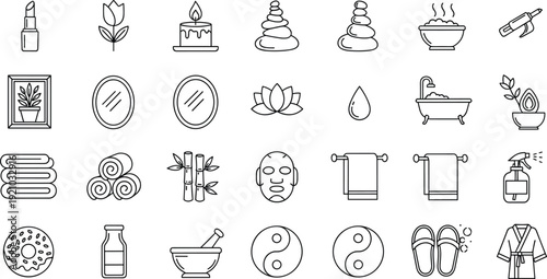 Spa and Wellness Line Icons Set Featuring Massage Stones Lotus Candle and Relaxation Therapy Vector Collection