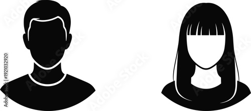 Flat vector illustration of male and female profile icons, generic avatars, silhouette head figures, digital interface user representation artwork