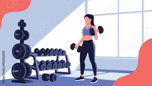 Athletic woman exercising with dumbbells in gym setting with weights rack and large window in the background.