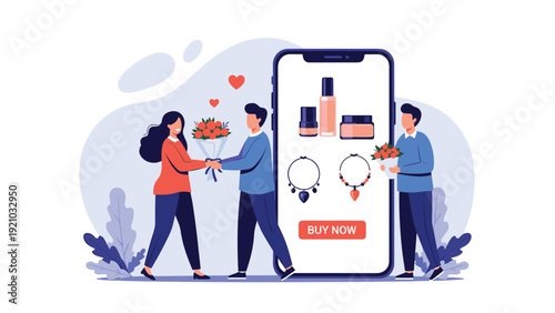 Happy couple exchanging flower bouquet while using mobile shopping app for jewelry and beauty products illustration.