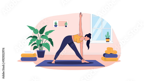 Young woman practicing triangle yoga pose on mat in bright room with plants and window flat vector illustration.