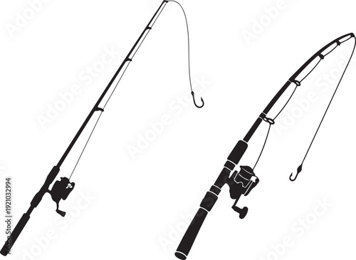 A black silhouette of a fishing rod with a reel line and hook a popular angling tool silhouette high quality professional detailed. Simple black and white illustration of a fishing rod with a hook