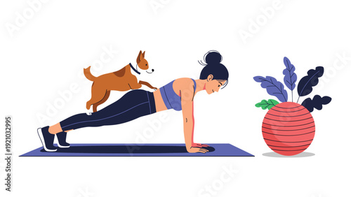 Active woman performing plank exercise on yoga mat with her pet dog sitting on her back flat vector illustration.