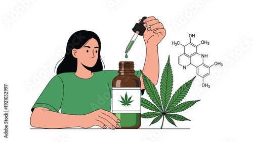 Young woman using dropper for cannabis oil bottle next to marijuana leaf and chemical structure diagram illustration.