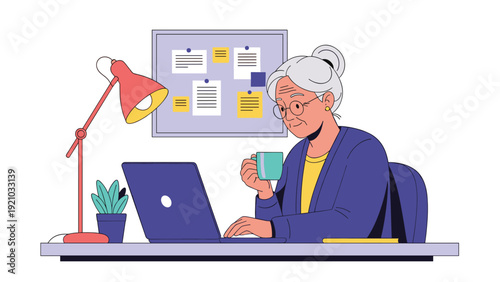 Elderly woman working on laptop at desk while drinking coffee in home office with task board illustration.