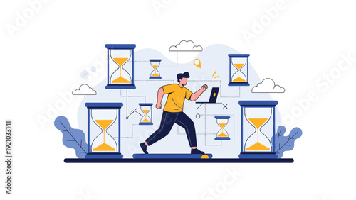 Stressed businessman running on treadmill surrounded by giant hourglasses for time management concept illustration.