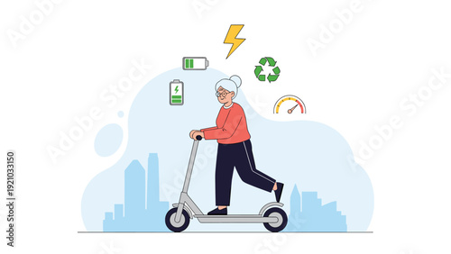 Elderly woman riding electric kick scooter in city with green energy and battery icons illustration.