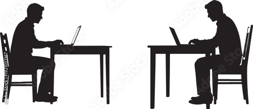 Man Working on Laptop at Desk – Black Silhouette Remote Work Illustration. Black Silhouettes of Men Working on Laptops at Desks,