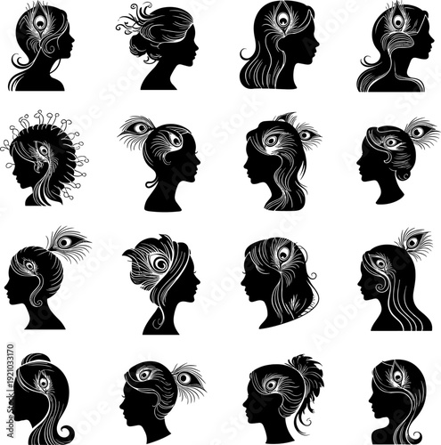 Collection of elegant black silhouette female profiles featuring ornate hairstyles and decorative peacock feathers for beauty salon branding and logos