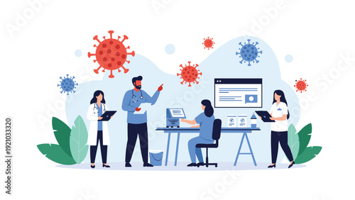 Professional medical team working on research and analysis in front of large virus particles illustration.