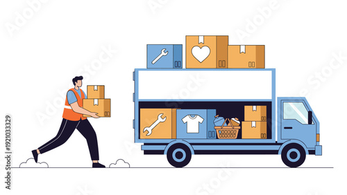 Logistics worker in safety vest carrying boxes to load into delivery truck full of goods illustration.