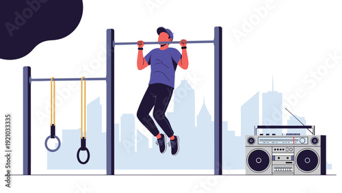 Strong man performing pull-ups on outdoor bars in city park with boombox in the background illustration.