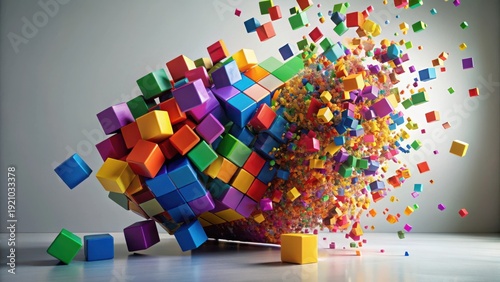 A vibrant explosion of colorful cubes, shattering and dispersing into a myriad of smaller fragments, creating a dynamic and visually captivating abstract scene.