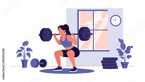 Athletic woman performing weighted squats with barbell in gym near window and weights illustration.