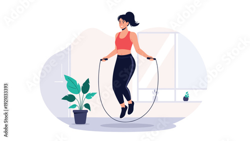 Young woman skipping rope for cardio workout in bright room with plants and window illustration.