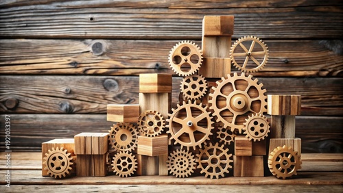 Wooden Gear Assembly and Blocks on Rustic Surface  A Conceptual Image Representing Interconnectedness, Growth, and Mechanical Synergy