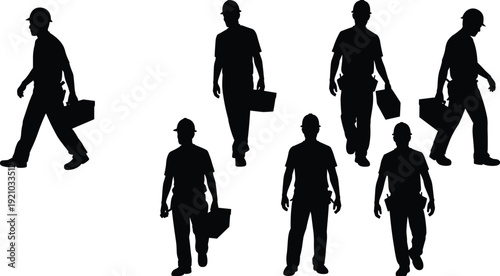 Construction worker silhouettes walking carrying toolbox collection, builder labor team movement set, industrial occupation people illustration concept