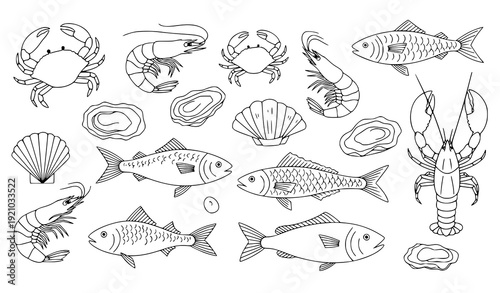 Minimal seafood doodle set hand drawn ink vector illustration retro style