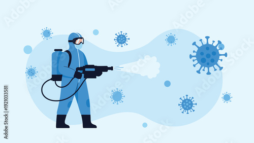 Professional sanitization worker in protective suit spraying disinfectant to kill virus particles illustration.