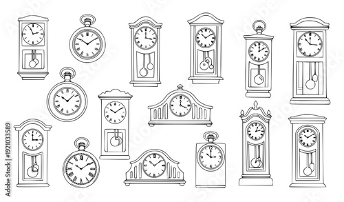 Minimal antique clocks doodle set hand drawn ink vector illustration retro style