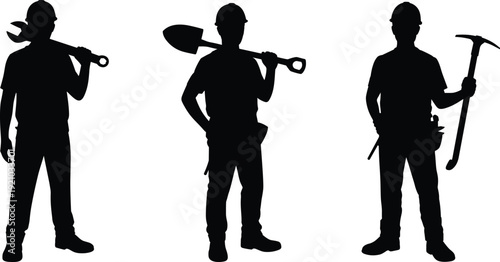 Construction worker silhouettes with shovel wrench pickaxe set, builders holding tools collection, industrial labor illustration poses