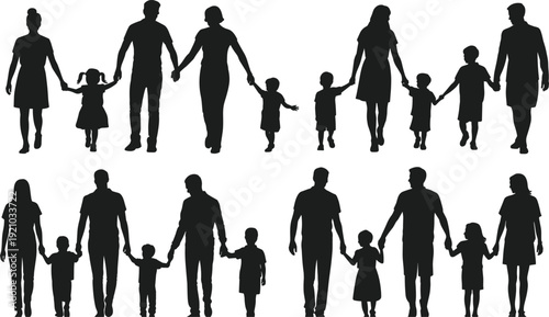 Vector silhouette collection of diverse happy families with parents and children walking together holding hands isolated on white background for lifestyle and parenting concepts