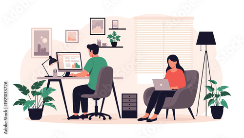 Man working at computer desk and woman using laptop while sitting in armchair for remote work concept.