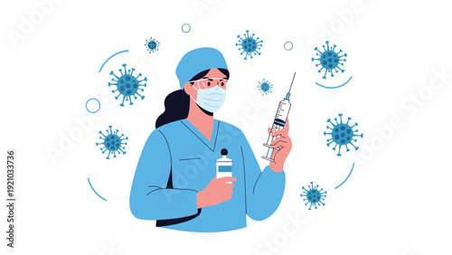 Female medical professional in uniform holds a syringe and vaccine vial while surrounded by coronavirus particles.