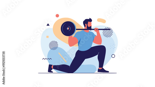 Athletic man performs weighted lunges with a barbell on his shoulders to build lower body strength in a gym setting.