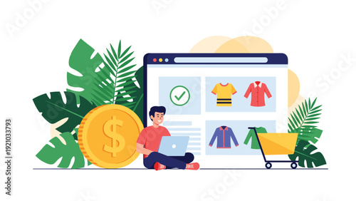 Young entrepreneur sits on the floor with a laptop while planning an online clothing business next to a gold coin.