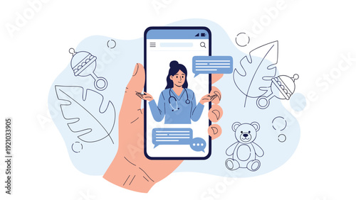 Healthcare professional provides pediatric medical advice via a smartphone app for parents with newborn babies.