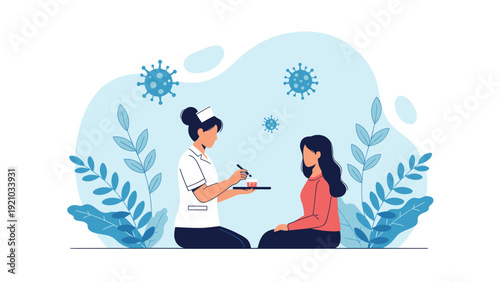 Dedicated nurse in a clinic provides medication to a patient while maintaining safety protocols in a medical ward.