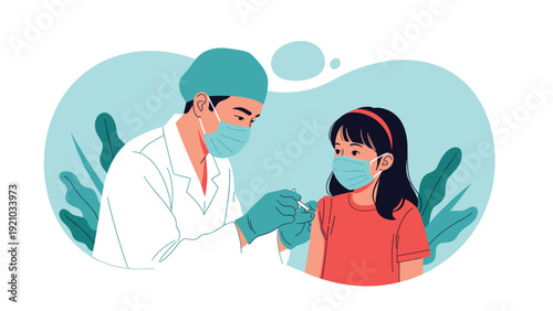 Professional medical doctor administers a vaccine injection to a young girl wearing a protective mask in a clinic.