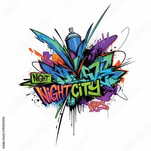 Vibrant graffiti spray paint design titled Night City artwork.